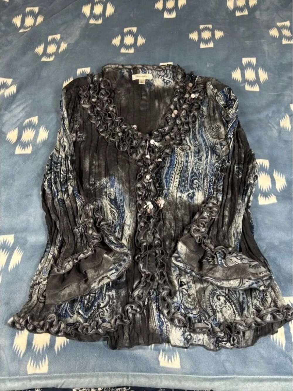 Dressbarn Womens XL Paisley Pleated Ruffle Sequin Button Front Blouse Blue Black